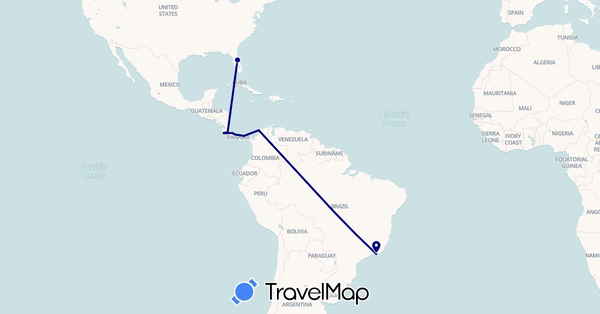 TravelMap itinerary: driving in Brazil, Colombia, Costa Rica, Panama, United States (North America, South America)